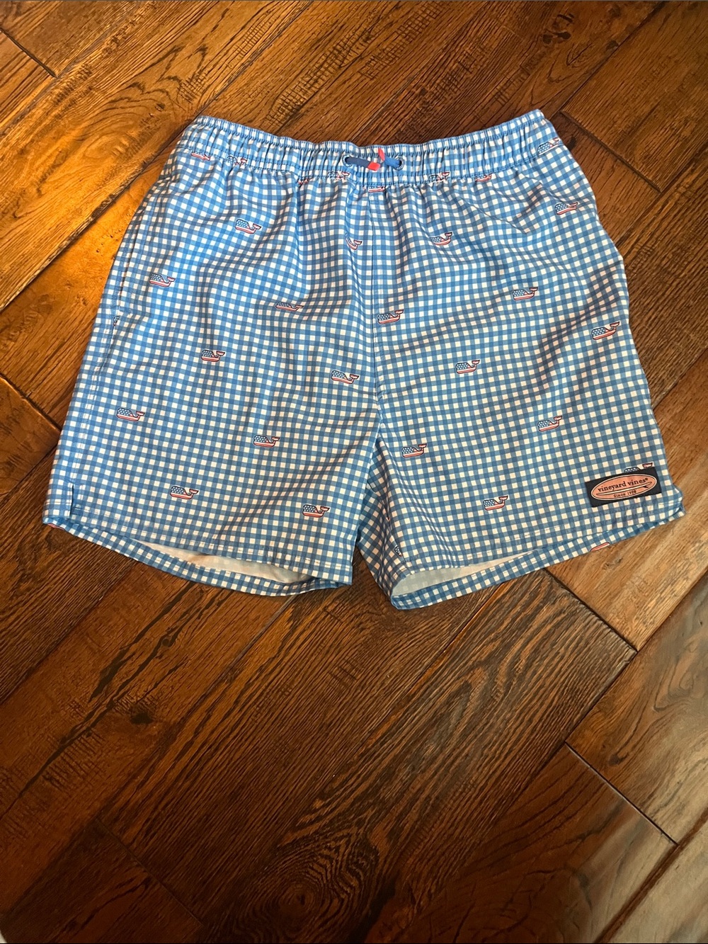 Vineyard Vines Light Blue and White Gingham Swim Trunks with Boat Print